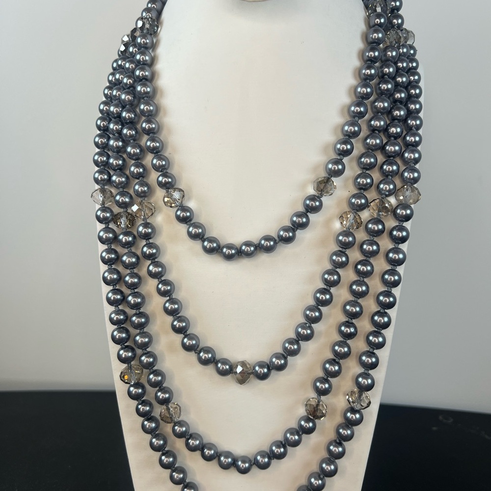 #11 Elegant Gray Glass Pearl Necklace 90 inches